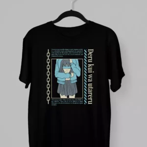 Remera con la frase "Deru kui wa utareru" y con la imagen de una joven con su cabeza en sus manos