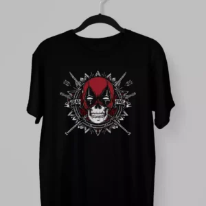 Remera de Deadpool calavera con dos espadas cruzadas detras de su cabeza