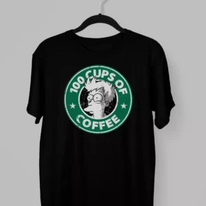 Remera del logo de Starbucks con el rostro de Philip J. Fry y el titulo 100 cups of coffee