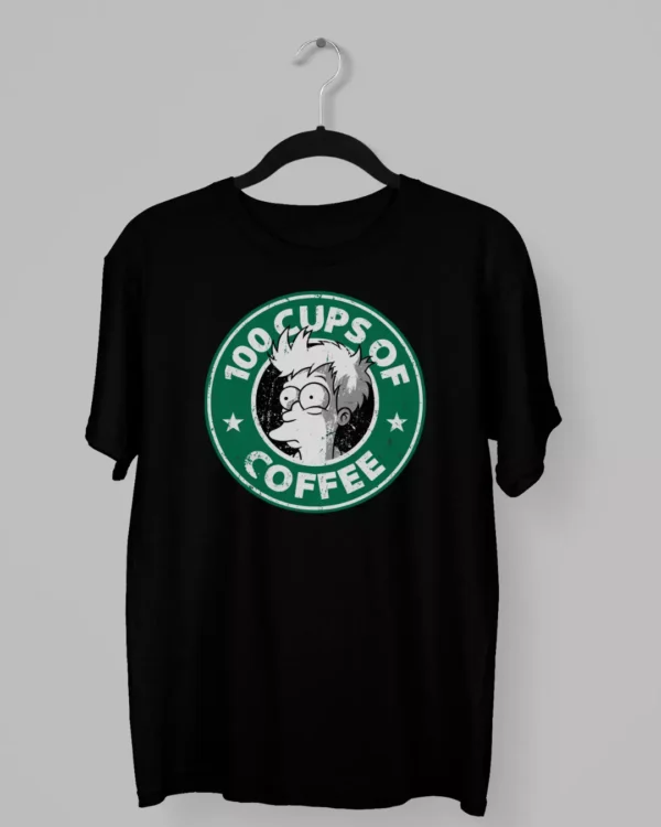 Remera del logo de Starbucks con el rostro de Philip J. Fry y el titulo 100 cups of coffee