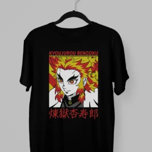 Remera de Rengoku con sus colores originales y nombre en letras japonesas