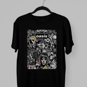 Remera con el Diseño de Oasis junto a varios objetos britanicos