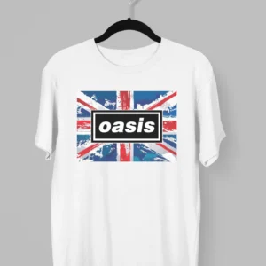 Remera del Logo de Oasis con la bandera britanica de fondo
