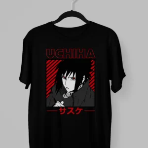 Remera de Saske del clan Uchiha con titulo en letras japonesas