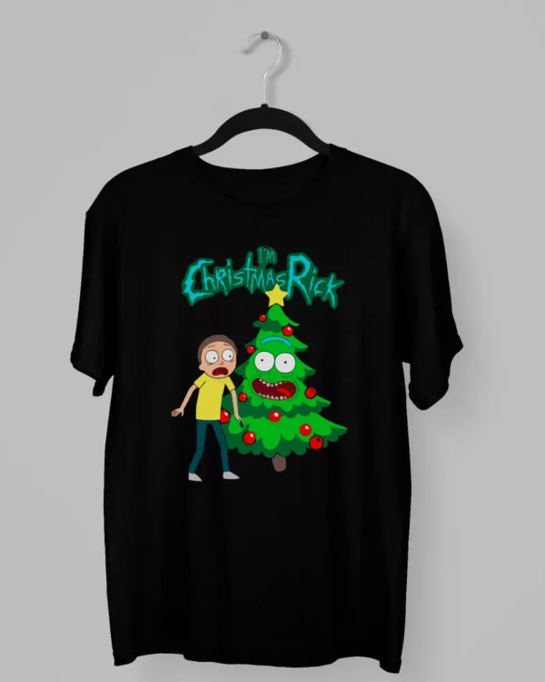 Remera de Rick and Morty con Rick con Forma de un Arbolito de Navidad
